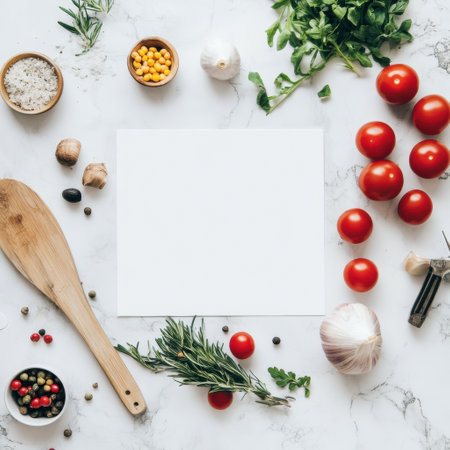 A variety of fresh ingredients are displayed around a blank recipe card on a marble countertop, inviting culinary creativity and meal preparation.の素材