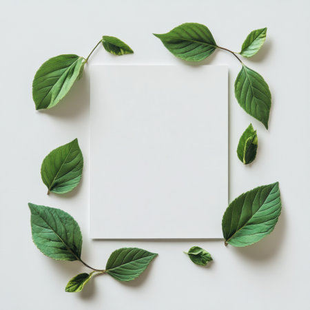 Various green leaves surround a blank white sheet on a light surface, creating a peaceful and inviting workspace for creativity.の素材