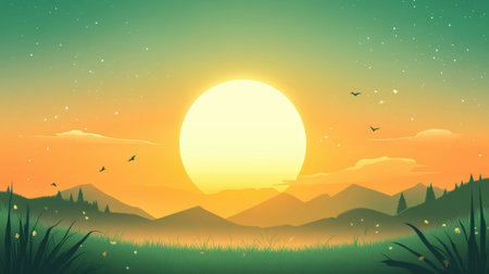 Vibrant sunrise illuminates the mountains as birds soar in the clear sky, creating a peaceful atmosphere in nature.の素材