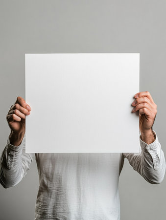 A person stands with both hands presenting a blank sheet of paper, showing a minimalist aesthetic suitable for various creative purposes.の素材
