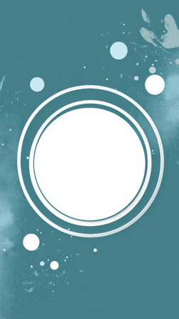 This design features concentric circles in varying sizes, surrounded by smaller dots on a blue background, creating a modern and artistic feel.の素材