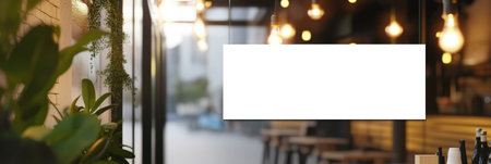 A tranquil cafe setting featuring hanging plants, warm lights, and a blank sign inviting guests for a relaxing experience in the city.の素材