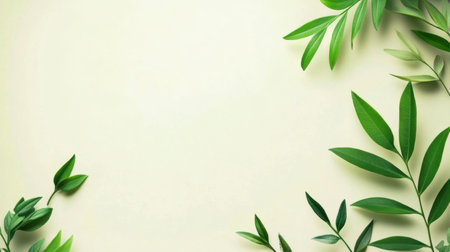 Fresh green leaves frame a subtle beige background, offering a serene and natural setting ideal for various creative applications.の素材