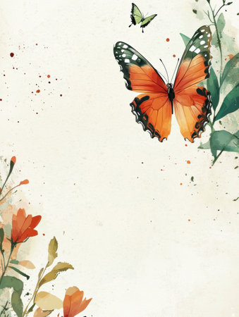 A vibrant orange butterfly gracefully flutters above a small green insect, surrounded by soft floral elements in a serene natural setting.の素材