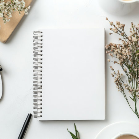 A blank spiral notebook lies next to a cup of tea and scattered flowers, creating a serene workspace for writing and inspiration.の素材