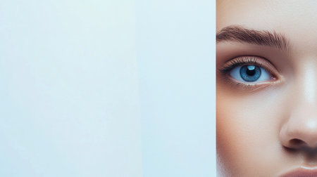 A young woman with beautiful blue eyes partially hidden by a white wall, conveying a sense of intrigue and curiosity in a calm setting.の素材