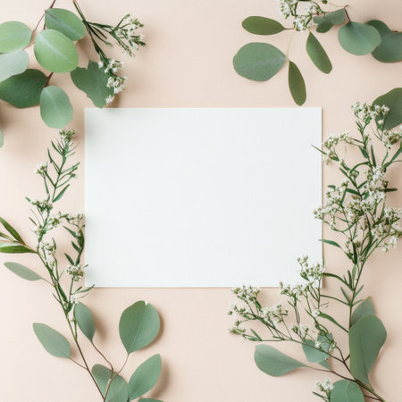 A blank card is centered among fresh green leaves and delicate white flowers on a soft beige backdrop, ideal for invitations.の素材