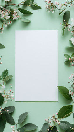A fresh sheet of blank paper is framed by vibrant green leaves and delicate blossoms, set against a calming mint backdrop, inviting creativity.の素材