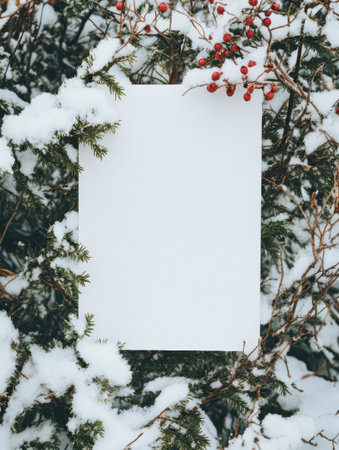 Blank paper sits amidst snow dusted pine branches and vibrant red berries, creating a peaceful winter atmosphere under soft lighting.の素材