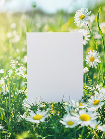 Daisies bloom in a vibrant meadow, framing a blank canvas that invites creativity in the warming sunlight of spring.の素材