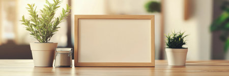 A warm and inviting interior scene showcases a blank wooden frame on a table, complemented by vibrant green plants in pots.の素材
