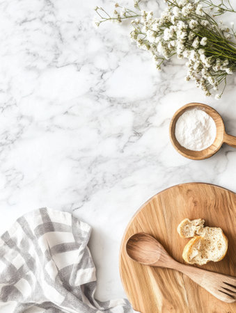 A cozy kitchen workspace features flour in a bowl, wooden utensils, and fresh flowers resting on a marble countertop for baking preparation.の素材