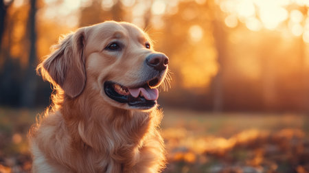 A golden retriever sits calmly in a park, basking in the warm sunlight during a beautiful autumn day surrounded by colorful trees.の素材