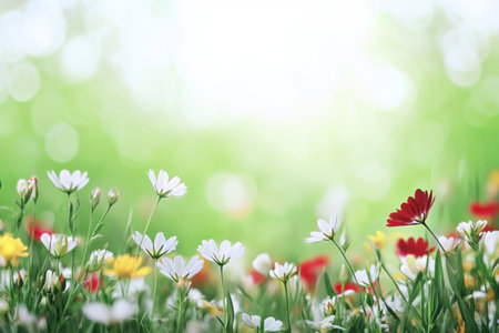 A vibrant field filled with wildflowers of various colors greets the warm spring sun, creating a joyful and serene atmosphere.の素材