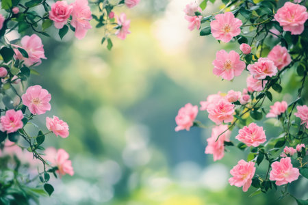 Soft pink flowers flourish amidst lush greenery, creating a tranquil atmosphere in a blooming garden during a sunny day.の素材