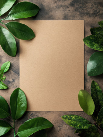 Blank craft paper is surrounded by lush green leaves, creating a natural and inviting workspace for design ideas and artwork.の素材