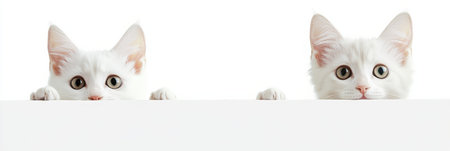 Two playful white kittens are curiously peeking over a blank surface, eager and attentive, in a well lit environment.の素材