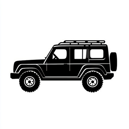 Silhouette illustration of a versatile auto vehicle designed for adventure, featuring a sturdy build and roof rack, perfect for exploration.の素材