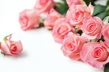 Delicate pink roses are artistically arranged, with a soft focus on freshness and charm, perfect for celebrating any occasion.の素材
