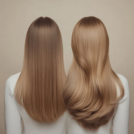 Transformation highlighted through a before and after comparison showing thin hair transitioning to thick, voluminous hair.の素材