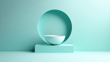 Minimalistic design showcases a white bowl resting on a teal pedestal within a circular backdrop, creating a serene atmosphere.の素材