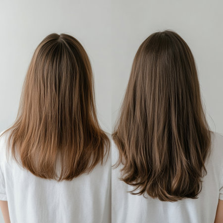 Before and after comparison illustrates the transformation from thin hair to thick hair, highlighting increased volume and fullness.の素材