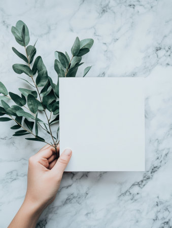 Hand holds a blank white square against a marble background with a sprig of greenery, creating a calm and serene atmosphere.の素材