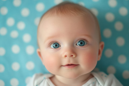 A joyful baby with bright blue eyes and light hair smiles while lying on a soft, blue polka dot surface, expressing curiosity and happiness.の素材