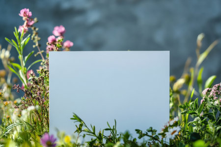 Surrounded by vibrant wildflowers, this blank space invites creativity and text insertion, perfect for presentations or artwork.の素材