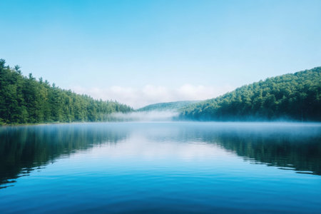 Calm waters reflect the vibrant greens of surrounding trees, creating a serene atmosphere on a misty morning in nature.の素材