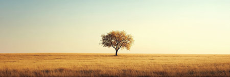A lone tree rises majestically in a vast golden field, surrounded by a serene sky illuminated by the soft light of morning.の素材