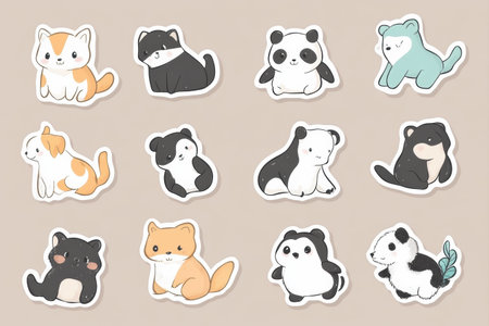 A collection of charming animal stickers showcases various cute creatures like cats and pandas in fun, playful poses against a neutral backdrop.の素材