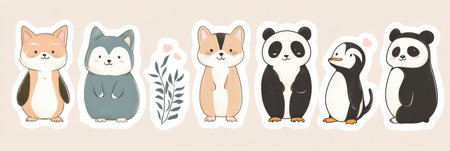 A delightful assortment of animal stickers displays charming illustrations of a fox, cat, panda, penguin, and other creatures in playful poses.の素材