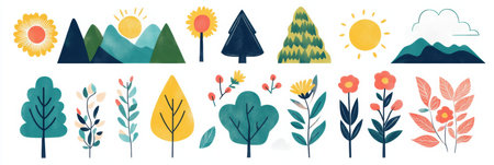 A vibrant assortment of stickers showcases a variety of trees, flowers, and mountains, perfect for enhancing crafts and creative endeavors.の素材