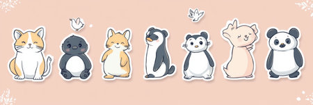 A collection of adorable animal stickers showcases a variety of cute characters in gentle pastel colors, perfect for crafts and personal touches.の素材