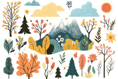 This vibrant collection showcases various nature themed stickers displaying trees, mountains, flowers, and clouds in lively colors.の素材