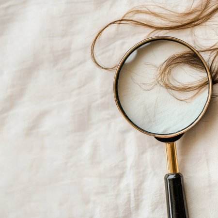 A magnifying glass reveals the details of a damaged hair strand resting on a light colored surface, highlighting hair texture and imperfections.の素材