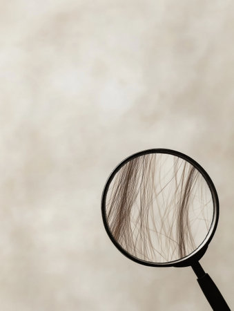 A magnifying glass reveals a close examination of a damaged hair strand, highlighting its unique textures and flaws in a soft background.の素材