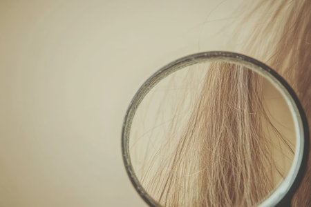 A magnifying glass reveals the intricate details of a damaged hair strand under close examination in a well lit indoor space.の素材