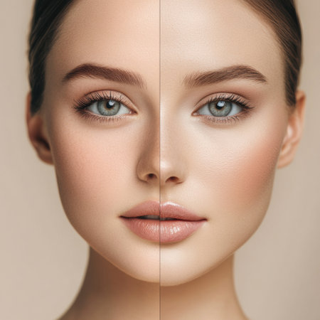 A face displays natural features on one side and stylish makeup on the other, illustrating the transformative power of cosmetics.の素材