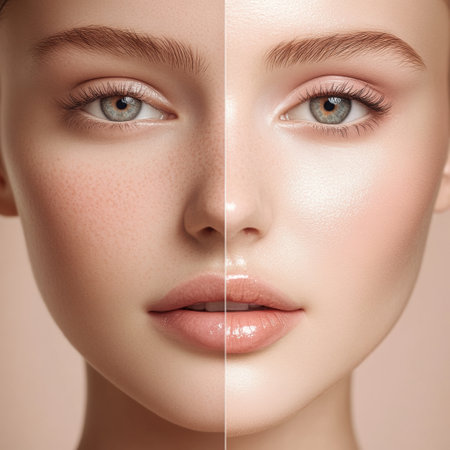 One half of the face reveals a natural look with minimal makeup, while the other showcases a glamorous, fully made up appearance.の素材