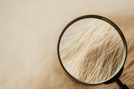 Using a magnifying glass to examine a damaged hair strand intricately shows its structure and imperfections under close inspection.の素材