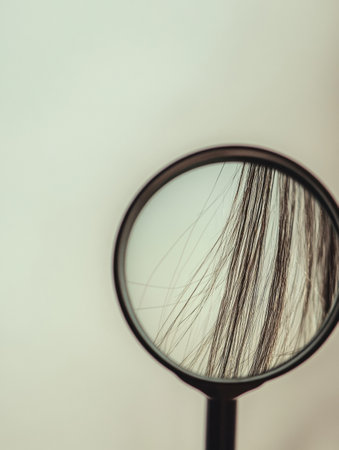 A magnifying glass is closely inspecting a damaged hair strand to highlight its condition and fine details, capturing the essence of hair health.の素材