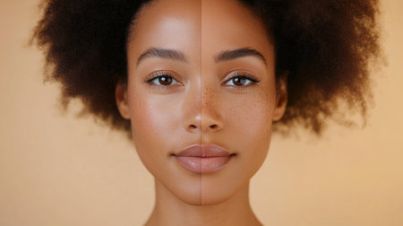 One side reveals natural skin and the other side showcases a full makeup look, highlighting beauty contrasts and artistry.の素材