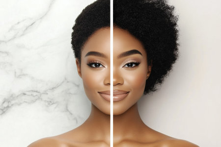 One side displays a fresh and natural look while the other showcases bold makeup artistry, highlighting different beauty expressions.の素材