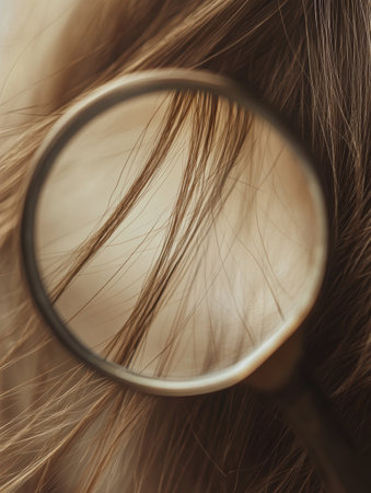 A magnifying glass is closely examining a damaged hair strand outdoors, highlighting its texture and imperfections in natural light.の素材