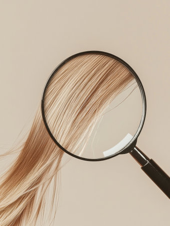 A magnifying glass highlights a damaged hair strand, showing its texture and condition in intricate detail against a neutral background.の素材