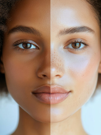 A person displays one side with natural features and the other enhanced with full makeup, showing beauty diversity.の素材