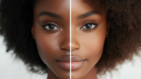 One side of the face displays natural beauty while the other side features full makeup, highlighting contrasting styles and techniques.の素材