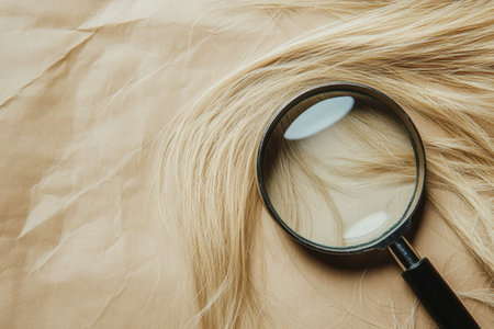 A magnifying glass reveals the intricate details of a damaged hair strand resting on a smooth, light colored surface, highlighting its condition.の素材